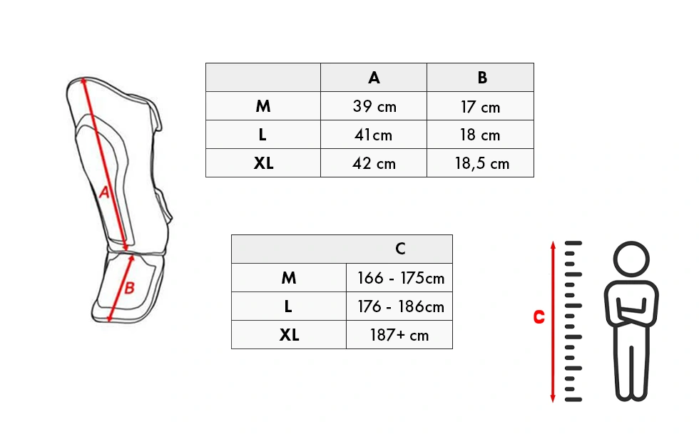 DBX Bushido shin guards size chart
