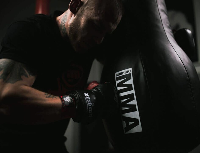 BUSHIDO INSTRUMENTAL TRAINING GLOVES ON A BAG